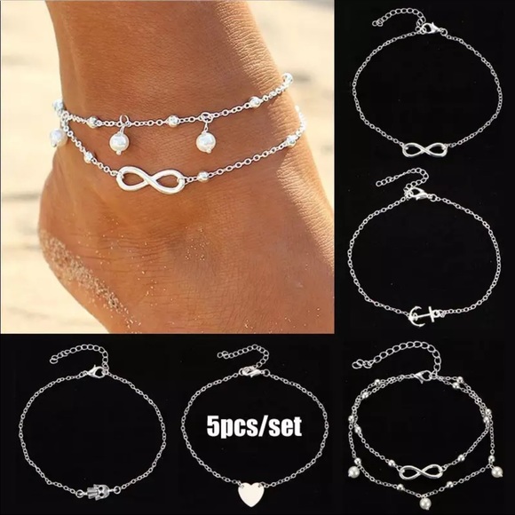 New 5Pcs Pearl Heart Infinity Ankle Bracelet Set - Picture 2 of 4